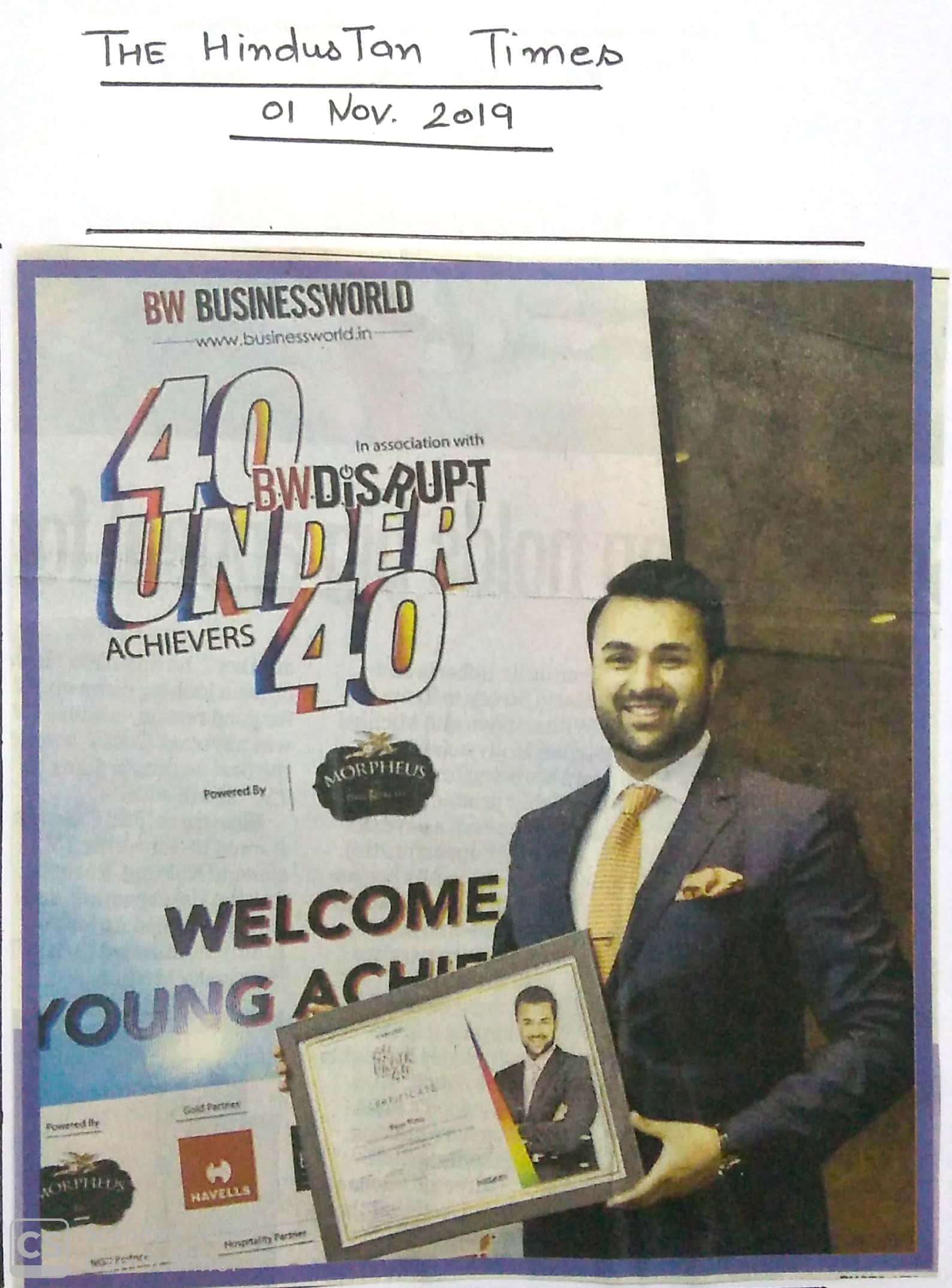 CEO of Ryan Group of Institutions, Ryan Pinto is honoured by Business World 40 - Ryan International School, Sec 31 Gurgaon